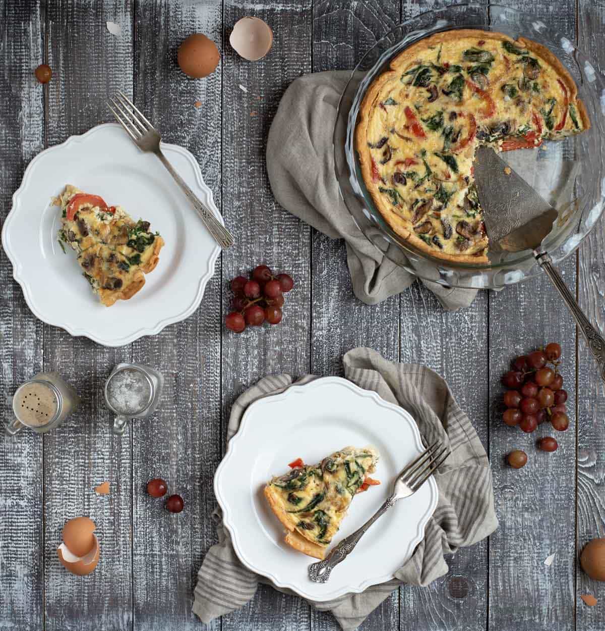 Overhead table picture of easy veggie quiche breakfast