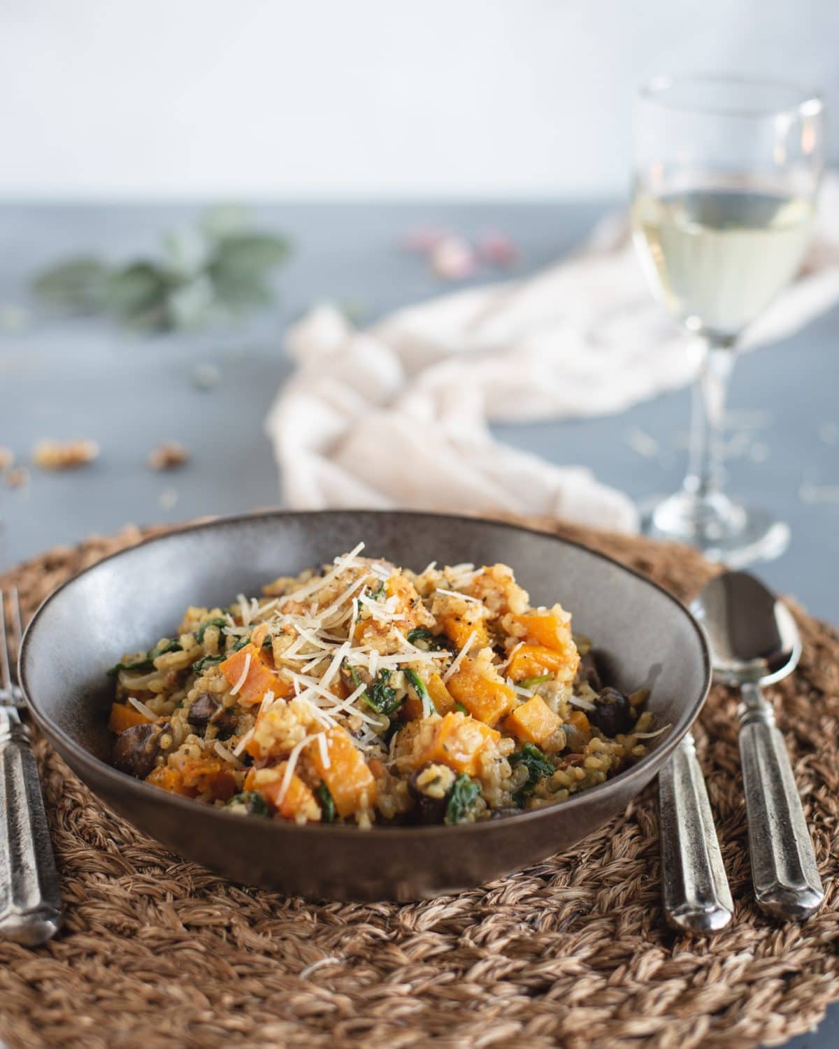 Bowl of Brown Rice Risotto with Butternut Squash & Mushrooms 