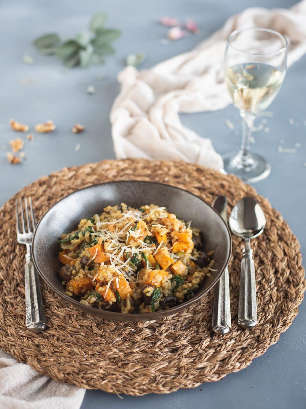 Plate of Brown Rice Risotto with Butternut Squash & Mushrooms with wine