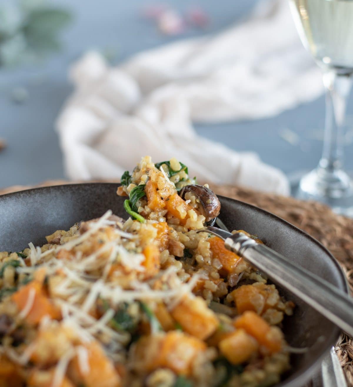 Close up picture of Brown Rice Risotto with Butternut Squash & Mushrooms 