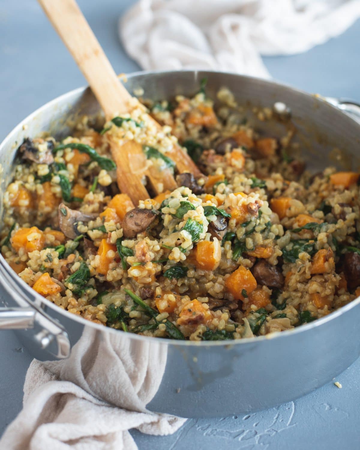 Pan with Brown Rice Risotto with Butternut Squash & Mushrooms 