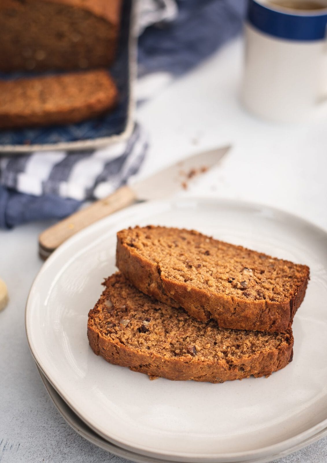 Plate with two slices of healthy banana bread