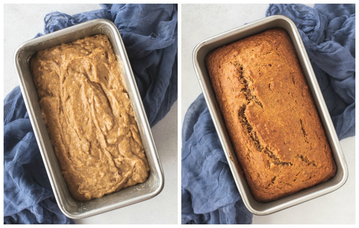 Pan of healthy banana bread before and after baking