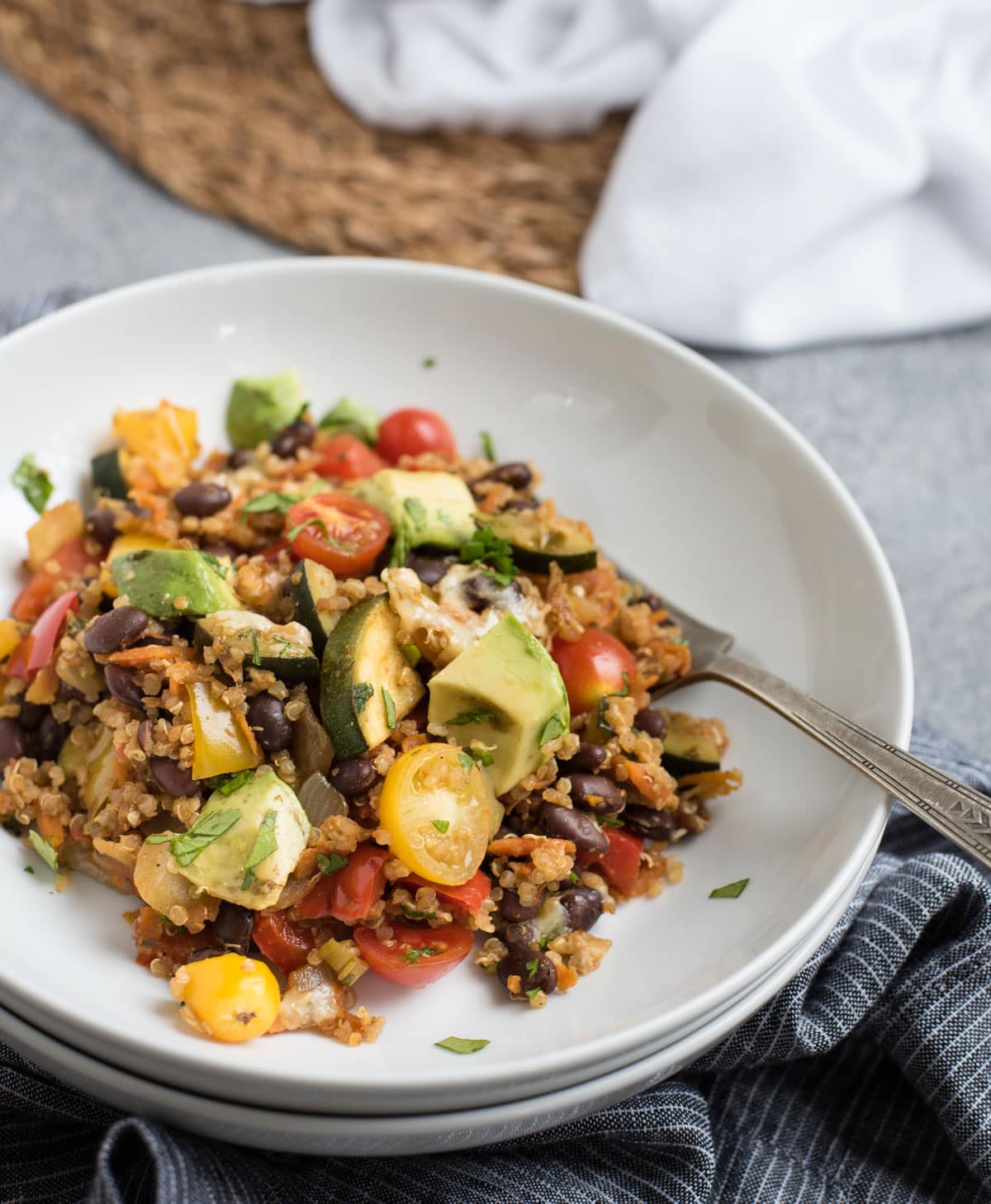 up close bowl of Black bean quinoa casserole