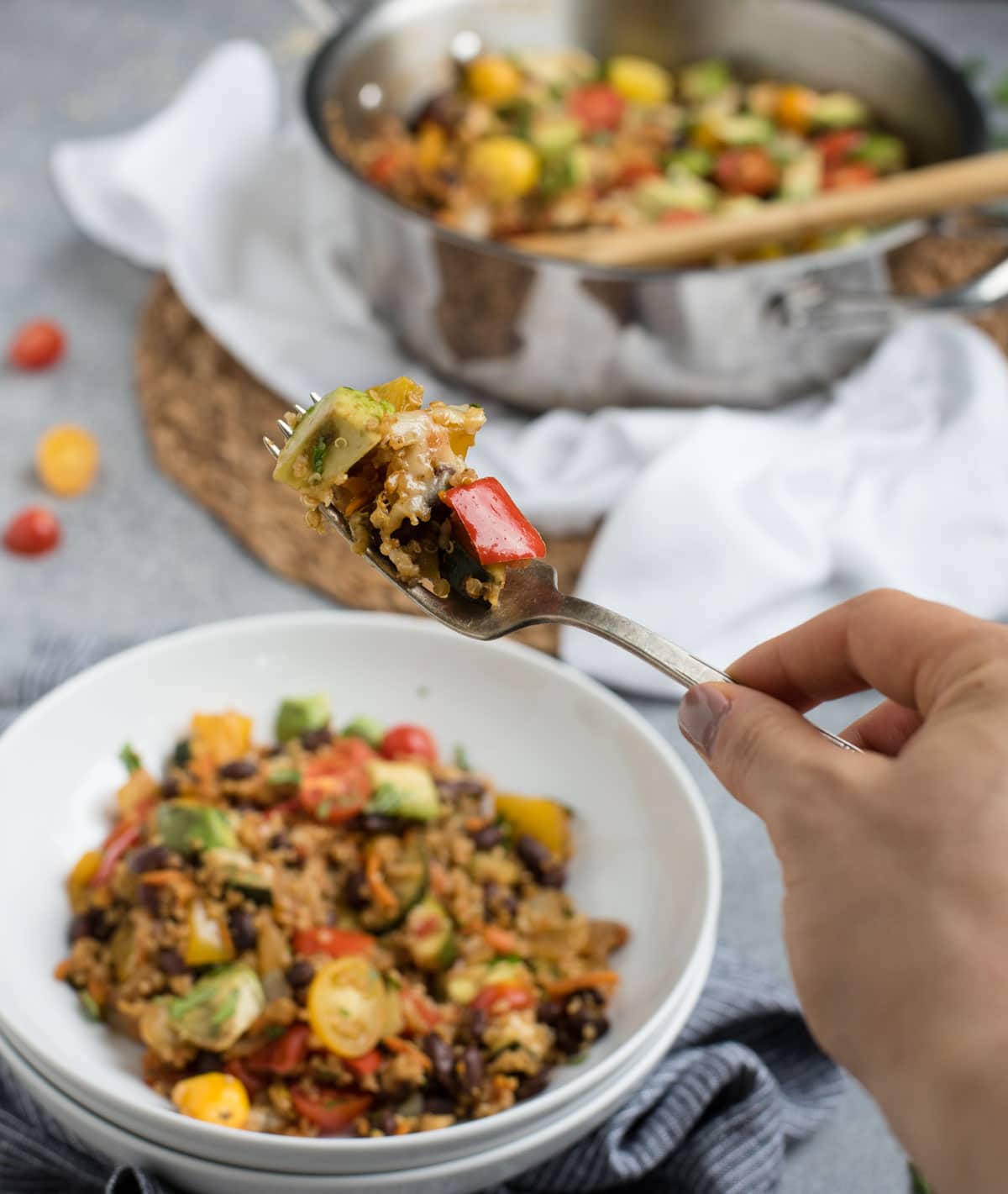 Black bean quinoa casserole bite on a fork