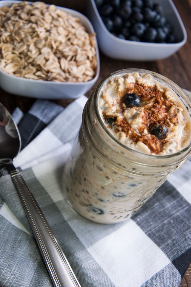 This overnight oats recipe with blueberries and cream is the perfect healthy on the go breakfast that can be prepped the night before for a quick meal. Yum!