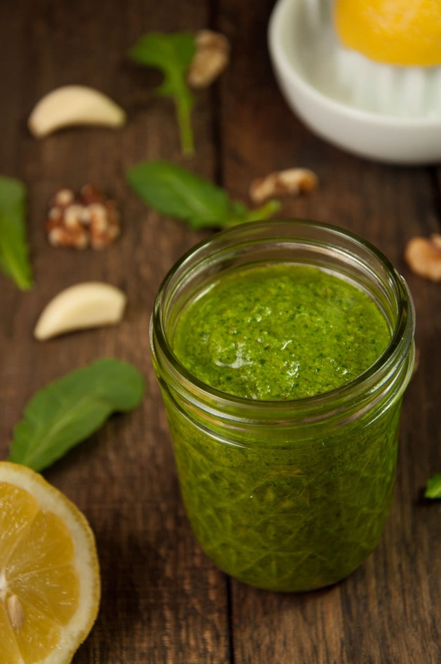 Easy arugula walnut pesto is the perfect sauce for pasta, gnocchi, sandwiches or anything else you can think of, and it only takes 10 minutes to make!