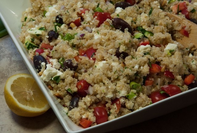 This Greek quinoa salad is filling, full of fresh flavors, and packed with nutrients with only 241 calories and over 8 grams of protein per serving.