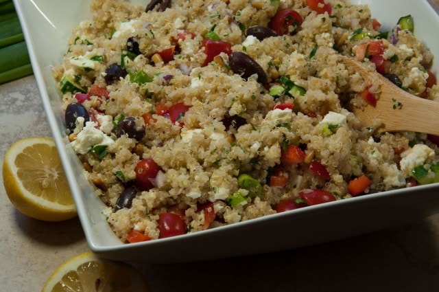 This Greek quinoa salad is filling, full of fresh flavors, and packed with nutrients with only 241 calories and over 8 grams of protein per serving.