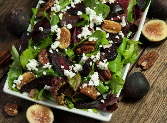 Simple and elegant beet salad with feta and roasted figs is an easy to make fall favorite that pairs well with any main dish.