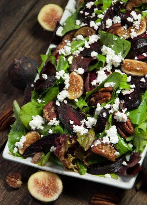 Simple and elegant beet salad with feta and roasted figs is an easy to make fall favorite that pairs well with any main dish.