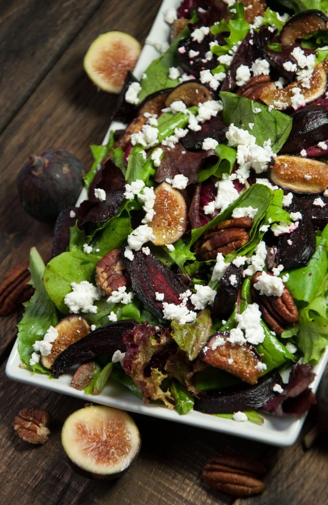 Simple and elegant beet salad with feta and roasted figs is an easy to make fall favorite that pairs well with any main dish.