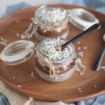 Jar of layered Almond joy chia seed pudding