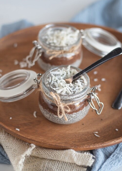 Jar of layered Almond joy chia seed pudding