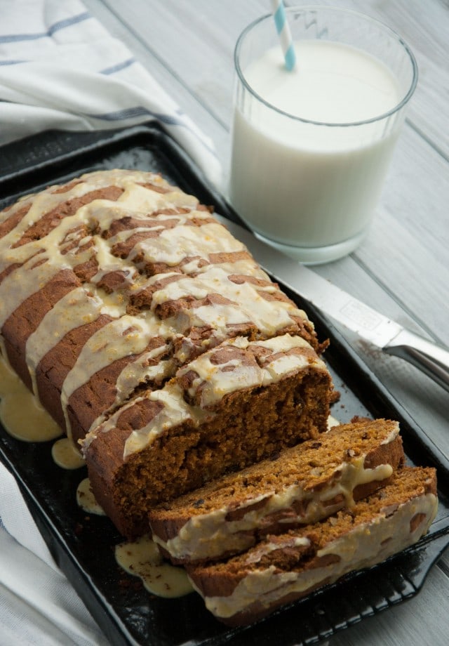 This healthy pumpkin bread is made with 100% whole wheat flour and other wholesome ingredients, leaving room for topping with a zesty orange decadent glaze. 