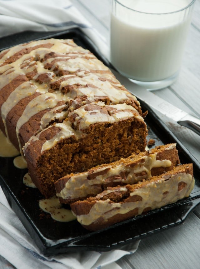 This healthy pumpkin bread is made with 100% whole wheat flour and other wholesome ingredients, leaving room for topping with a zesty orange decadent glaze. 