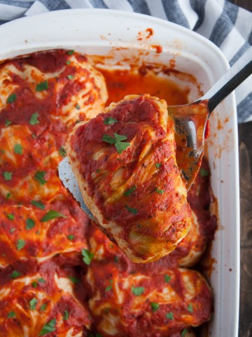 Sauce covered turkey cabbage rolls are filling, light, and healthy with over 17 grams of protein in each 240 calorie roll.