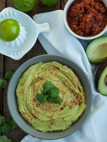 Creamy, healthy, guacamole-like avocado hummus is a delicious high protein snack that is naturally vegan and gluten free so its good for everyone!