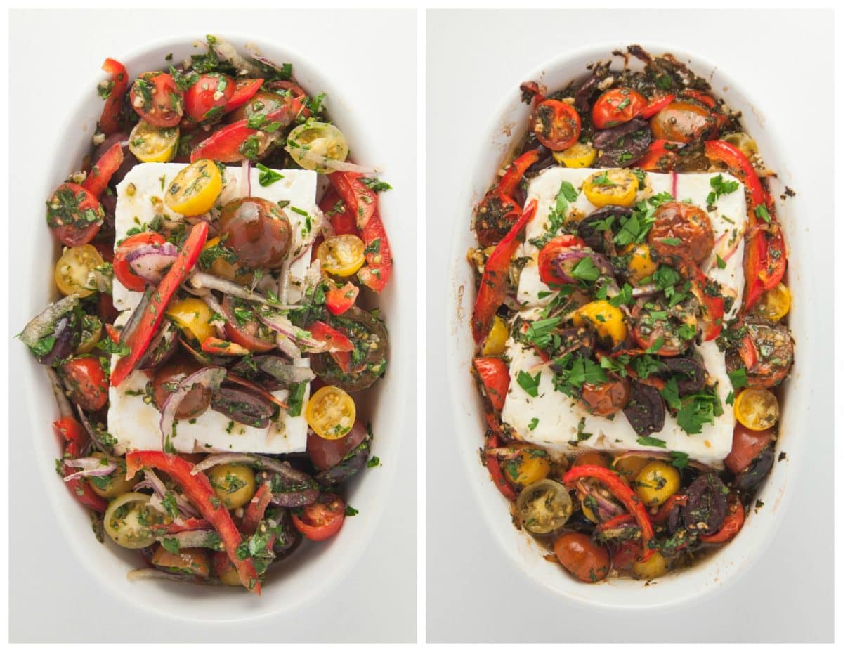 Before and after picture of baked feta