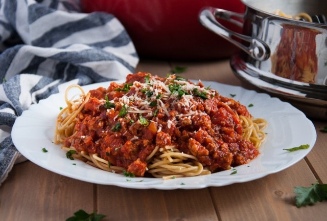 This homemade spaghetti sauce recipe is lightened up with ground turkey, but is so flavorful you'd never know it! 