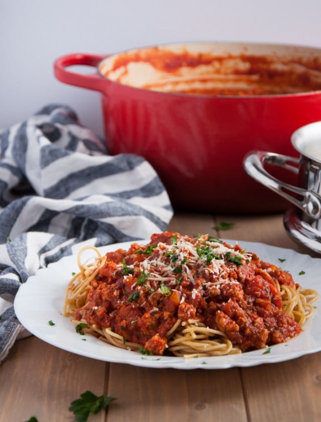 This homemade spaghetti sauce recipe is lightened up with ground turkey, but is so flavorful you'd never know it! 