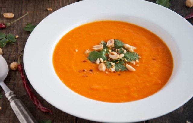 Delicious and creamy carrot soup delivers a healthy twist on Thai flavors from coconut milk and spicy curry to zesty lime and crunchy peanuts. All this for under 200 calories in each generous serving! 