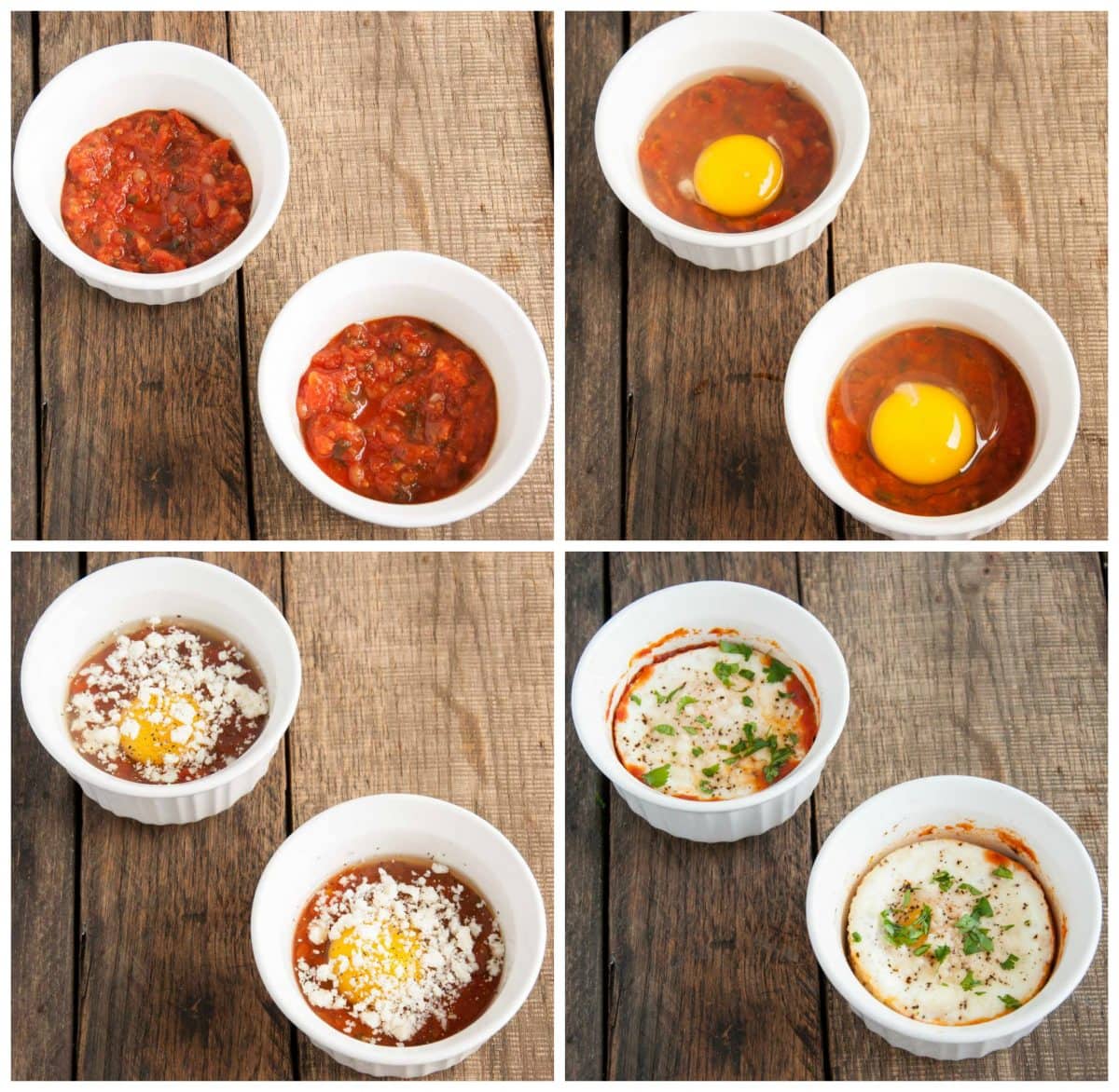 Four-photo collage shows steps involved in making baked eggs in salsa.