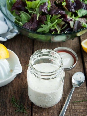 This delicious, creamy ranch dressing recipe is ready in 10 minutes for the perfect salad dressing or dipping sauce made healthier with yogurt!