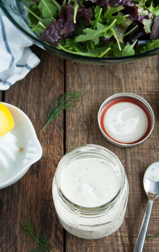 This delicious, creamy ranch dressing recipe is ready in 10 minutes for the perfect salad dressing or dipping sauce made healthier with yogurt!