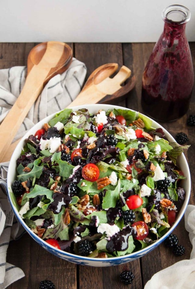 This deliciously fresh summer salad with feta, pecans, basil and blackberry vinaigrette is a perfect light and healthy salad for a quick weeknight meal. 