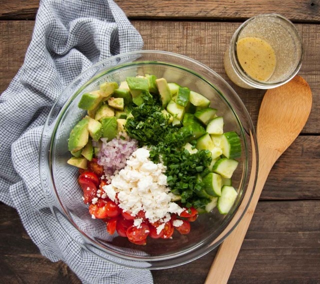 This quick and easy tomato avocado cucumber salad is packed with fresh flavor and is a great side dish to any entree or perfectly delicious on its own.