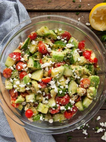 This quick and easy tomato avocado cucumber salad is packed with fresh flavor and is a great side dish to any entree or perfectly delicious on its own.