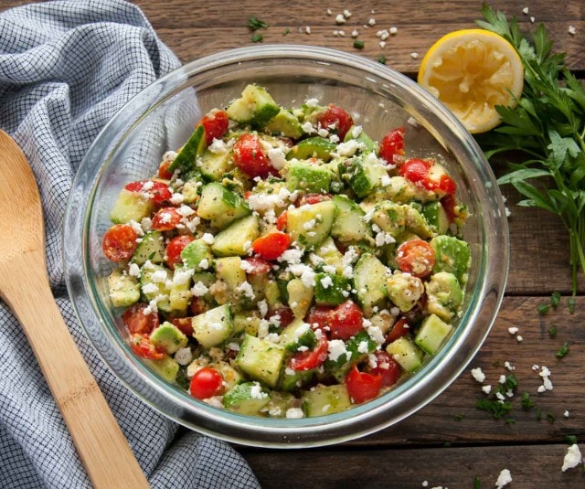 This quick and easy tomato avocado cucumber salad is packed with fresh flavor and is a great side dish to any entree or perfectly delicious on its own.