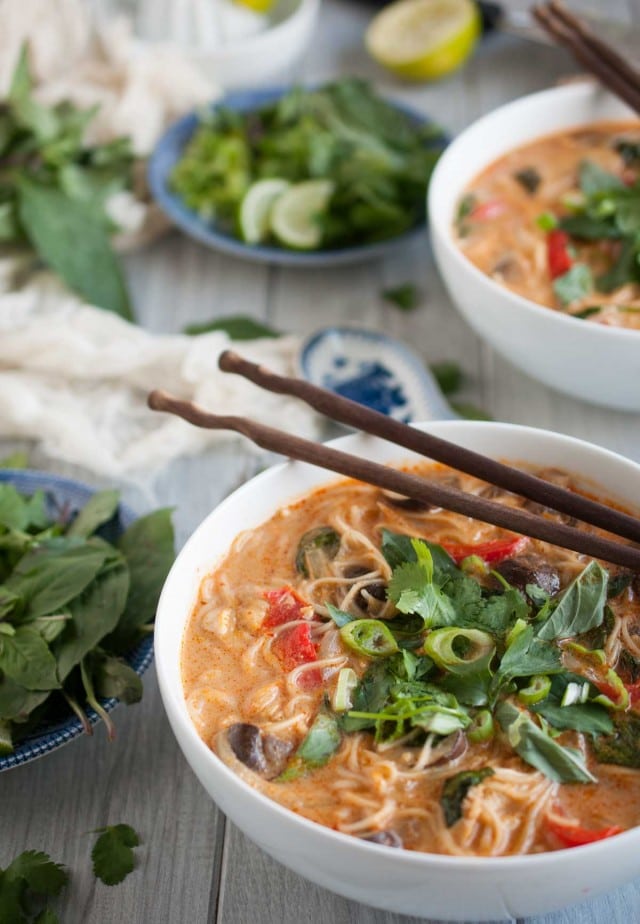 This Thai curry soup is better than most restaurants I've eaten at! The combination of curry paste, coconut milk, lime, and other delicious seasonings makes it taste authentic while the slew of veggies makes it light and healthy.