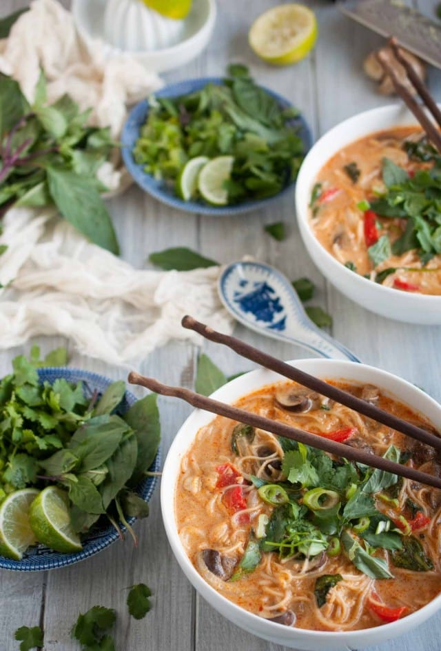 This Thai curry soup is better than most restaurants I've eaten at! The combination of curry paste, coconut milk, lime, and other delicious seasonings makes it taste authentic while the slew of veggies makes it light and healthy.
