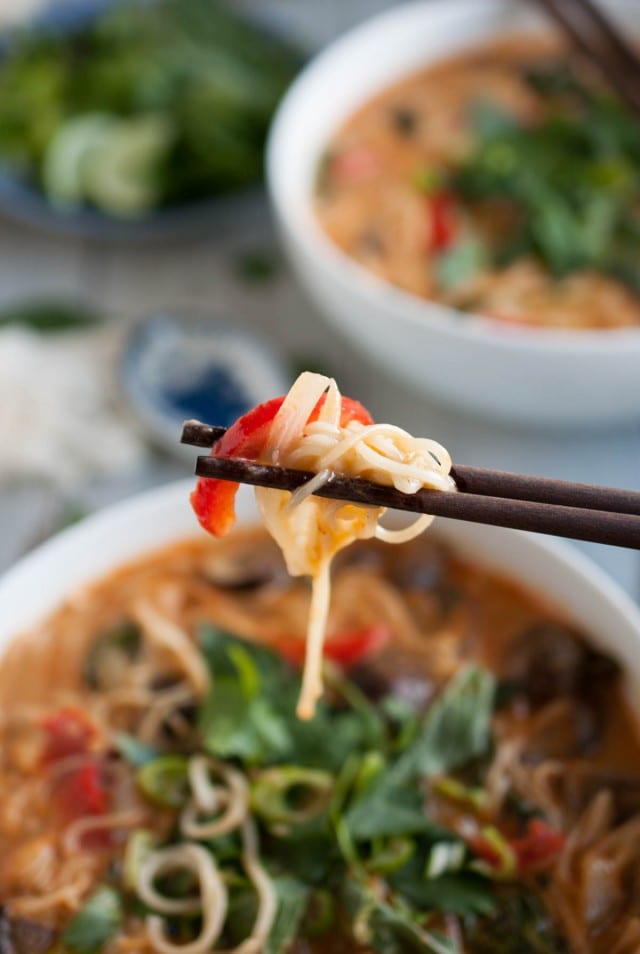 This Thai curry soup is better than most restaurants I've eaten at! The combination of curry paste, coconut milk, lime, and other delicious seasonings makes it taste authentic while the slew of veggies makes it light and healthy.