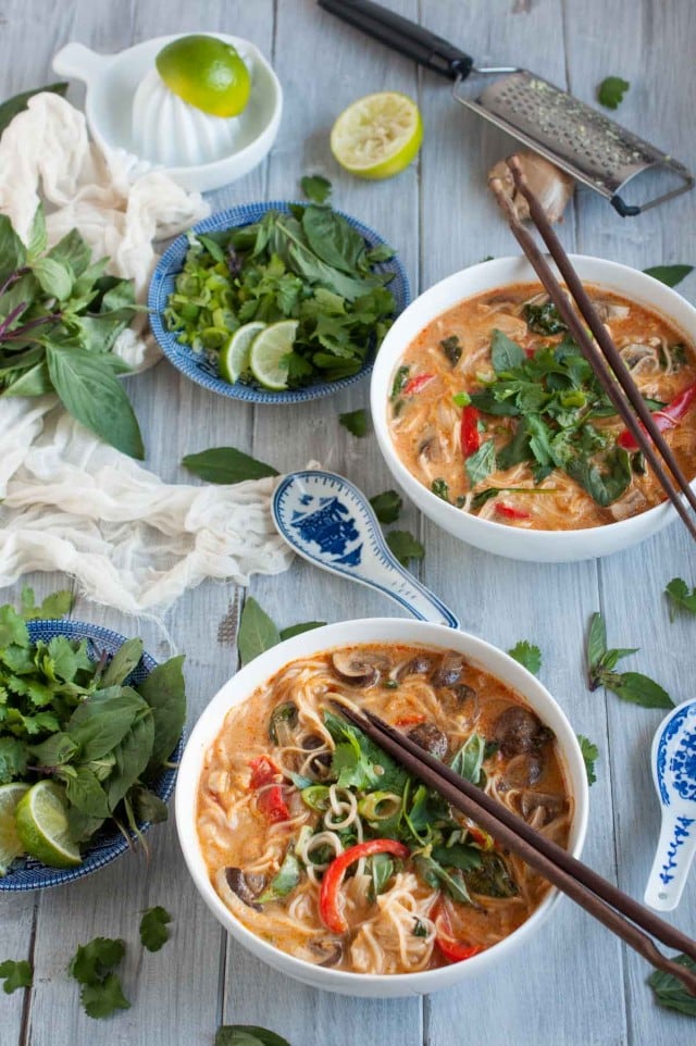 This Thai curry soup is better than most restaurants I've eaten at! The combination of curry paste, coconut milk, lime, and other delicious seasonings makes it taste authentic while the slew of veggies makes it light and healthy.