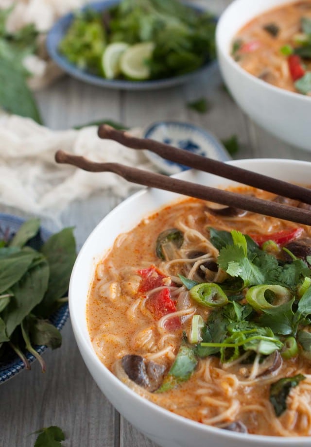 This Thai curry soup is better than most restaurants I've eaten at! The combination of curry paste, coconut milk, lime, and other delicious seasonings makes it taste authentic while the slew of veggies makes it light and healthy.