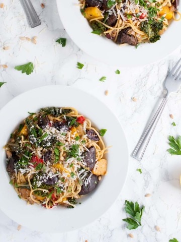 This vegetarian roasted vegetable pasta is divine in its simplicity & full of light, garlic lemon flavor with over 20 grams of protein per generous serving.