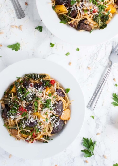 This vegetarian roasted vegetable pasta is divine in its simplicity & full of light, garlic lemon flavor with over 20 grams of protein per generous serving.