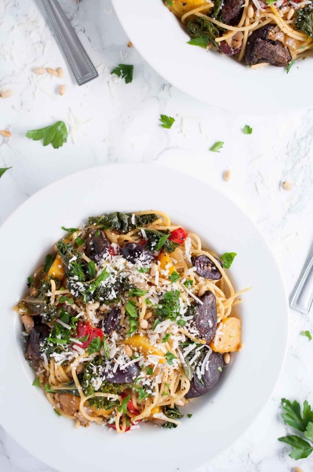 This vegetarian roasted vegetable pasta is divine in its simplicity & full of light, garlic lemon flavor with over 20 grams of protein per generous serving.