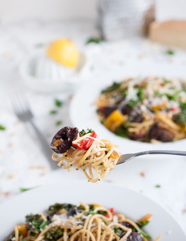 This vegetarian roasted vegetable pasta is divine in its simplicity & full of light, garlic lemon flavor with over 20 grams of protein per generous serving.