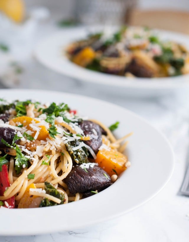 This vegetarian roasted vegetable pasta is divine in its simplicity & full of light, garlic lemon flavor with over 20 grams of protein per generous serving.