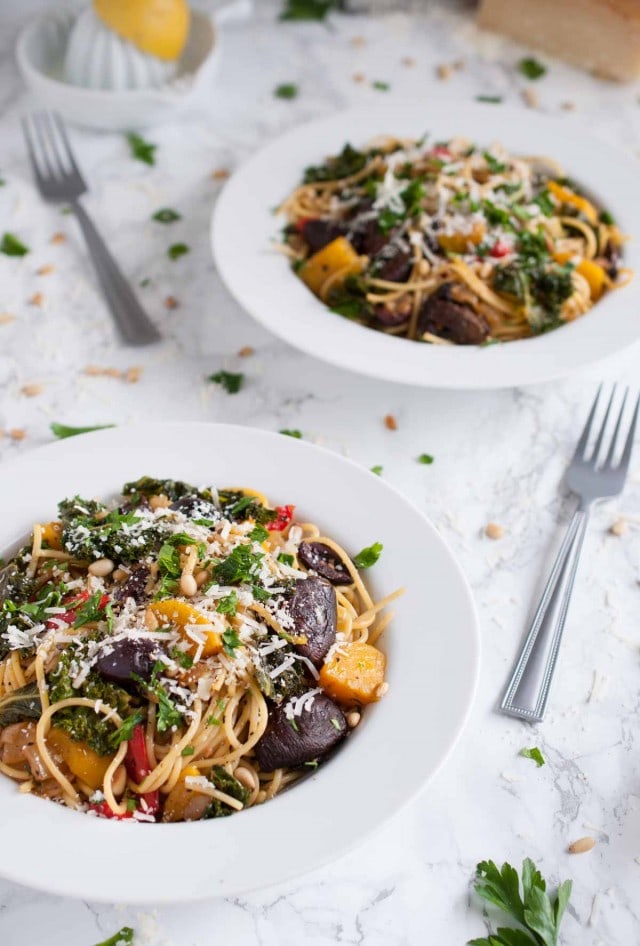 This vegetarian roasted vegetable pasta is divine in its simplicity & full of light, garlic lemon flavor with over 20 grams of protein per generous serving.