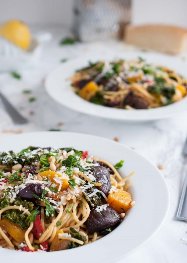 This vegetarian roasted vegetable pasta is divine in its simplicity & full of light, garlic lemon flavor with over 20 grams of protein per generous serving.