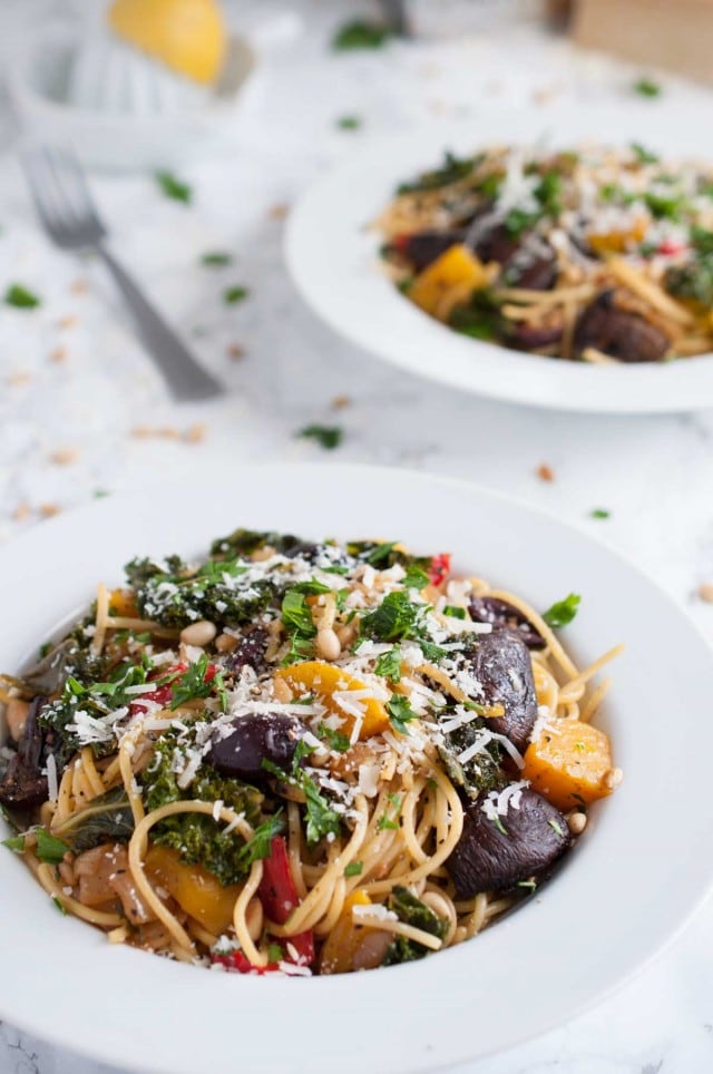 This vegetarian roasted vegetable pasta is divine in its simplicity & full of light, garlic lemon flavor with over 20 grams of protein per generous serving.