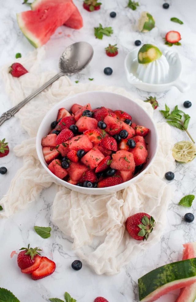 Watermelon mint salad is a refreshing side dish for any summer BBQ with lime adding a pop of unexpected flavor that makes this a surefire winner.