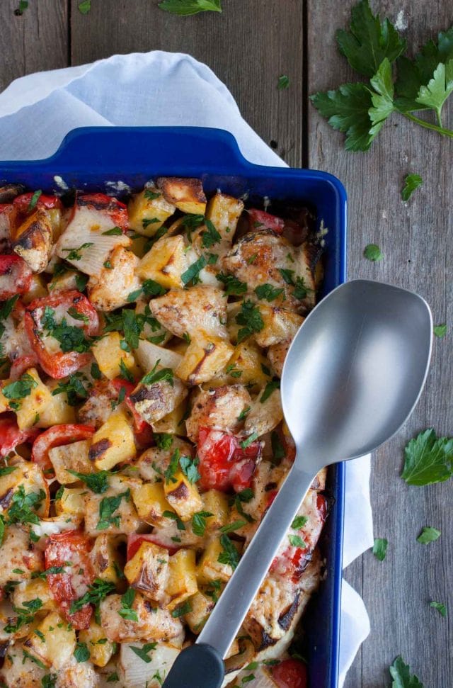 Chicken potato casserole is comfort food at its finest, full of flavor but loaded with chicken and veggies to makes the dish deceptively light and healthy.