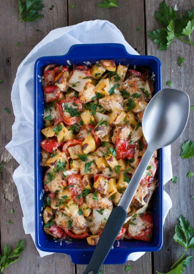 Chicken potato casserole is comfort food at its finest, full of flavor but loaded with chicken and veggies to makes the dish deceptively light and healthy.