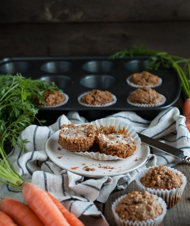 These healthy carrot muffins are made with oat flour, applesauce, honey, coconut oil and a tasty mix of spices that will remind you of carrot cake!